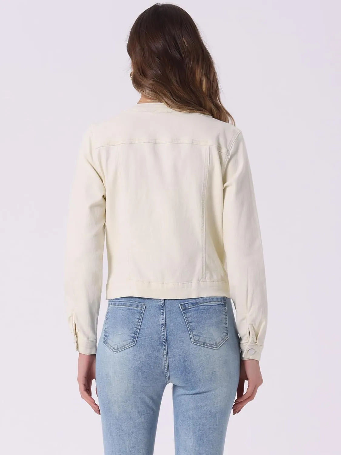 Allegra K Women's Denim Jacket Button Down Collarless Long Sleeve Jean Jackets