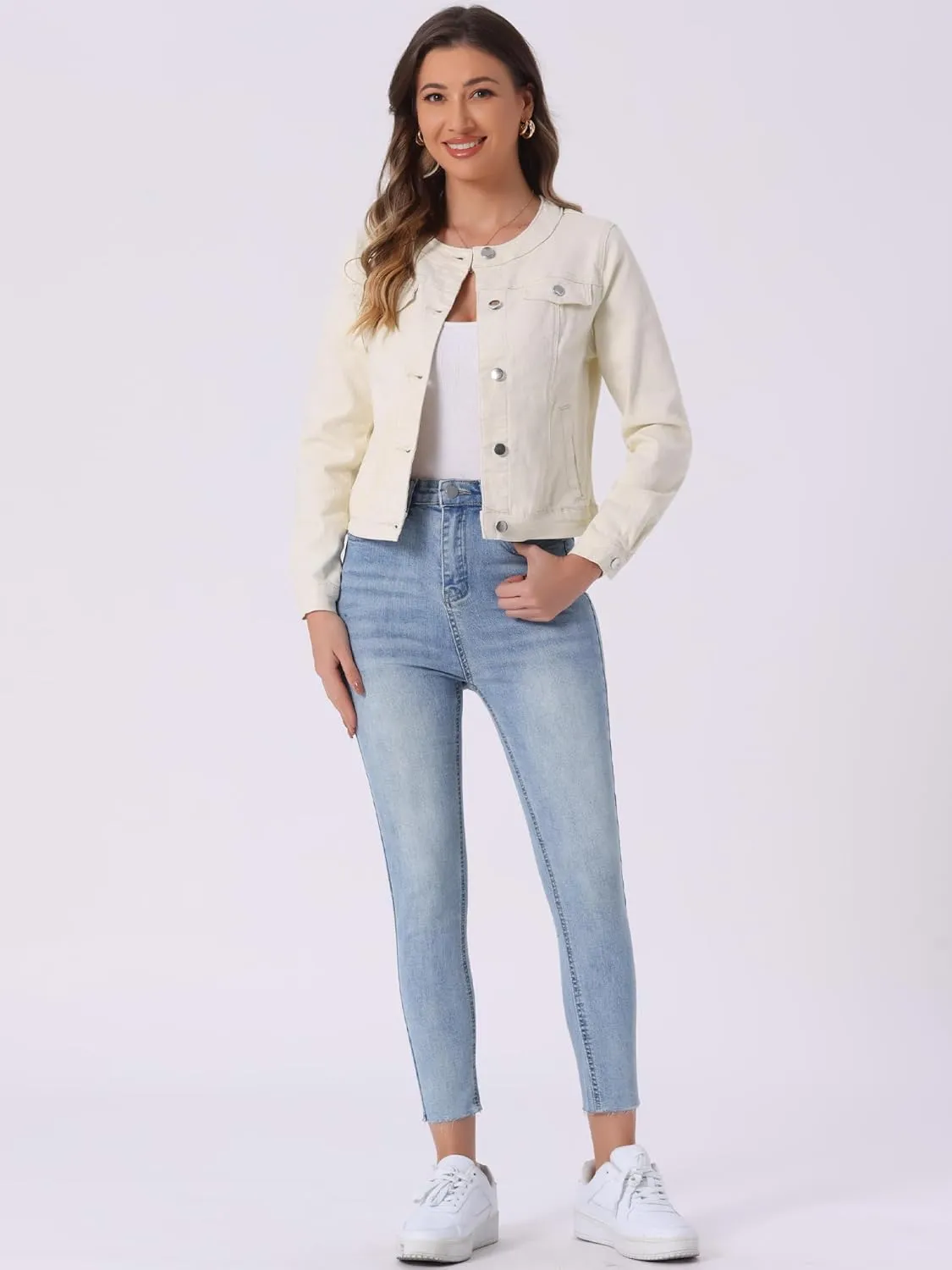 Allegra K Women's Denim Jacket Button Down Collarless Long Sleeve Jean Jackets