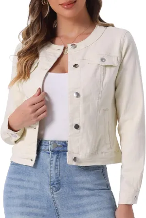Allegra K Women's Denim Jacket Button Down Collarless Long Sleeve Jean Jackets