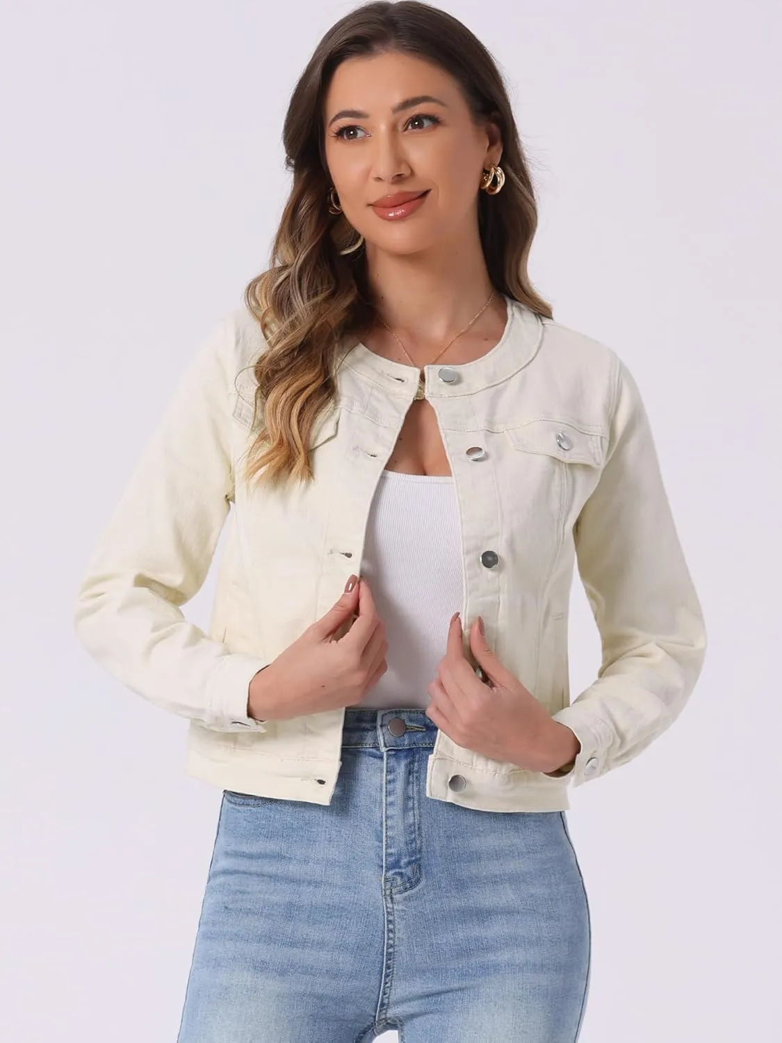 Allegra K Women's Denim Jacket Button Down Collarless Long Sleeve Jean Jackets