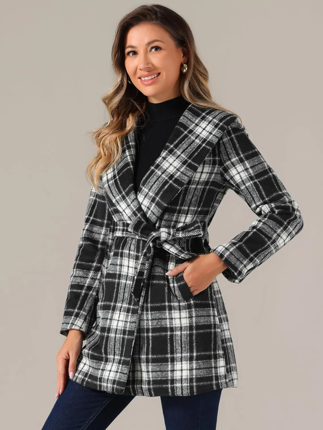 Allegra K Women's Plaid Belted Shawl Collar Tie Waist Wrap Overcoat Fall Winter Coat