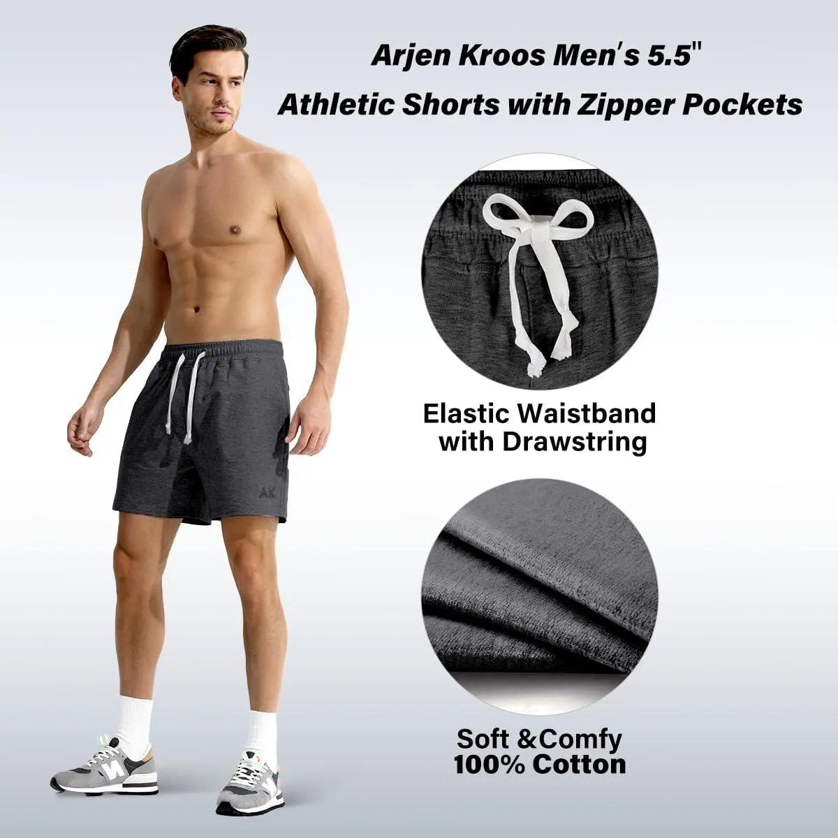 Arjen Kroos Men Sweat Cotton Shorts with Zipper Pockets 5 Inch Athletic Gym Stretch Workout Short