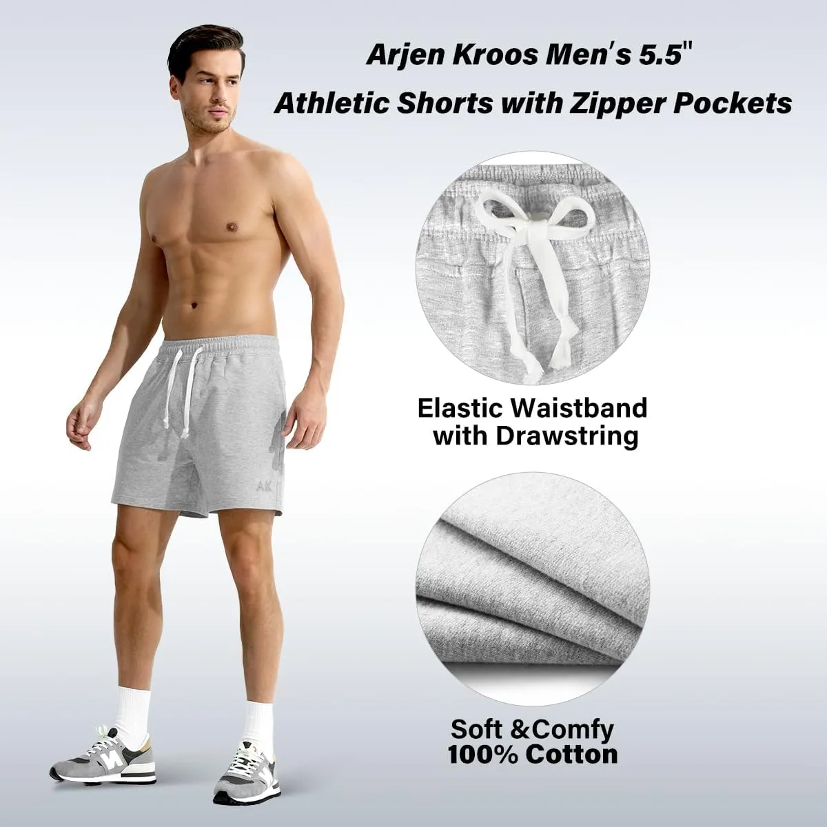 Arjen Kroos Men Sweat Cotton Shorts with Zipper Pockets 5 Inch Athletic Gym Stretch Workout Short