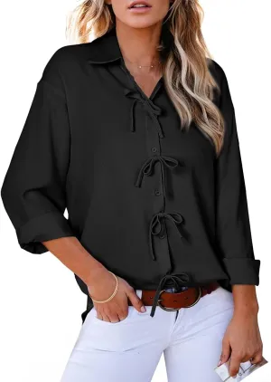 Astylish Womens V Neck Long Sleeve Blouse Button Down Solid Color Shirts Bow Tie Front Trendy Top