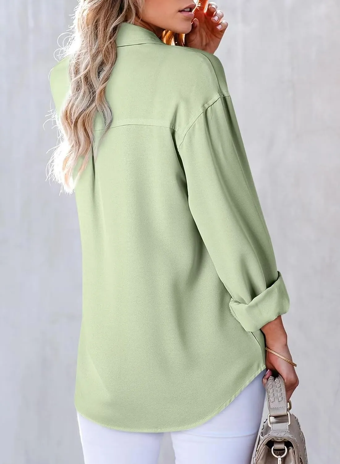 Astylish Womens V Neck Long Sleeve Blouse Button Down Solid Color Shirts Bow Tie Front Trendy Top