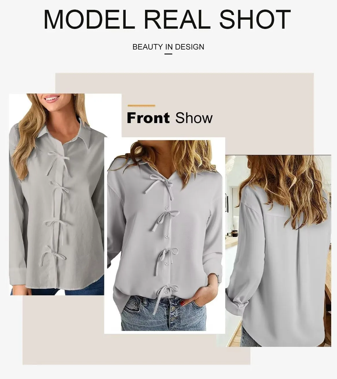 Astylish Womens V Neck Long Sleeve Blouse Button Down Solid Color Shirts Bow Tie Front Trendy Top