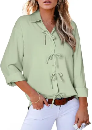 Astylish Womens V Neck Long Sleeve Blouse Button Down Solid Color Shirts Bow Tie Front Trendy Top