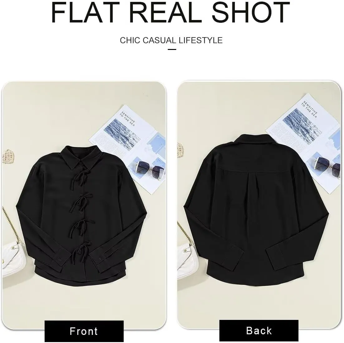 Astylish Womens V Neck Long Sleeve Blouse Button Down Solid Color Shirts Bow Tie Front Trendy Top