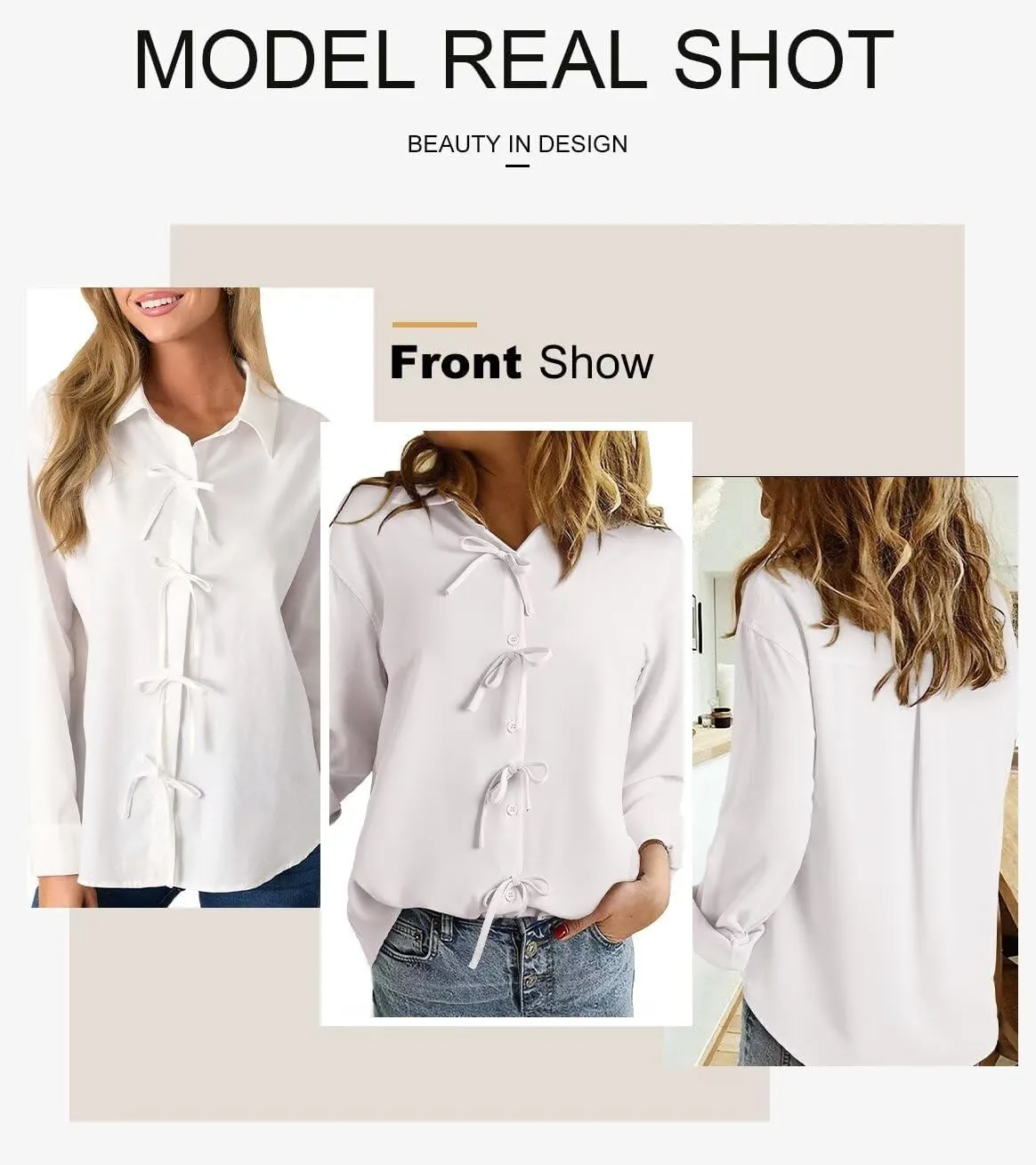 Astylish Womens V Neck Long Sleeve Blouse Button Down Solid Color Shirts Bow Tie Front Trendy Top