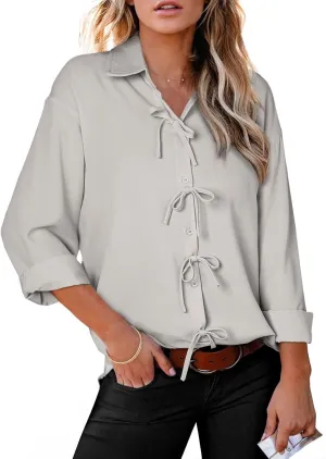Astylish Womens V Neck Long Sleeve Blouse Button Down Solid Color Shirts Bow Tie Front Trendy Top