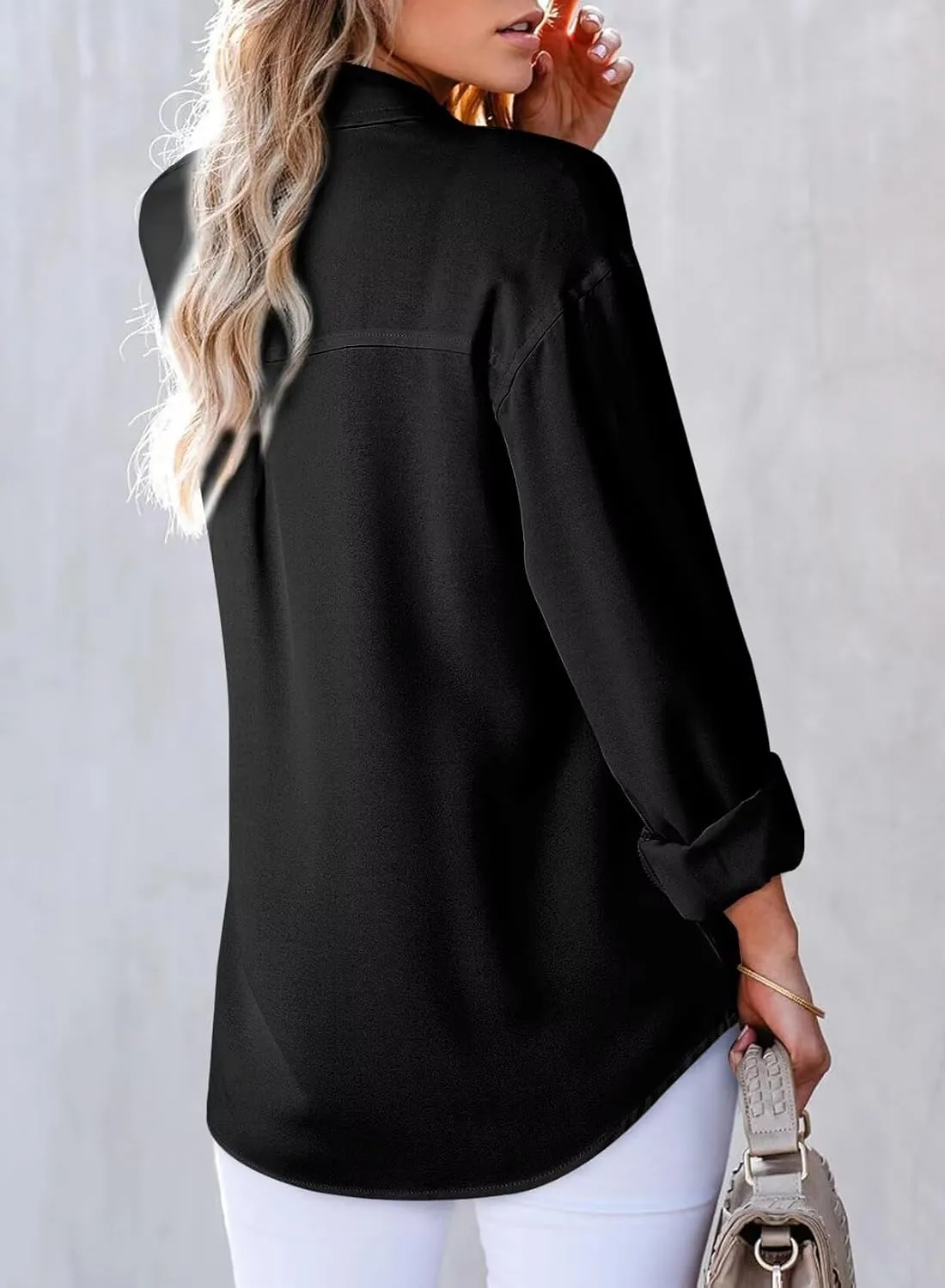 Astylish Womens V Neck Long Sleeve Blouse Button Down Solid Color Shirts Bow Tie Front Trendy Top