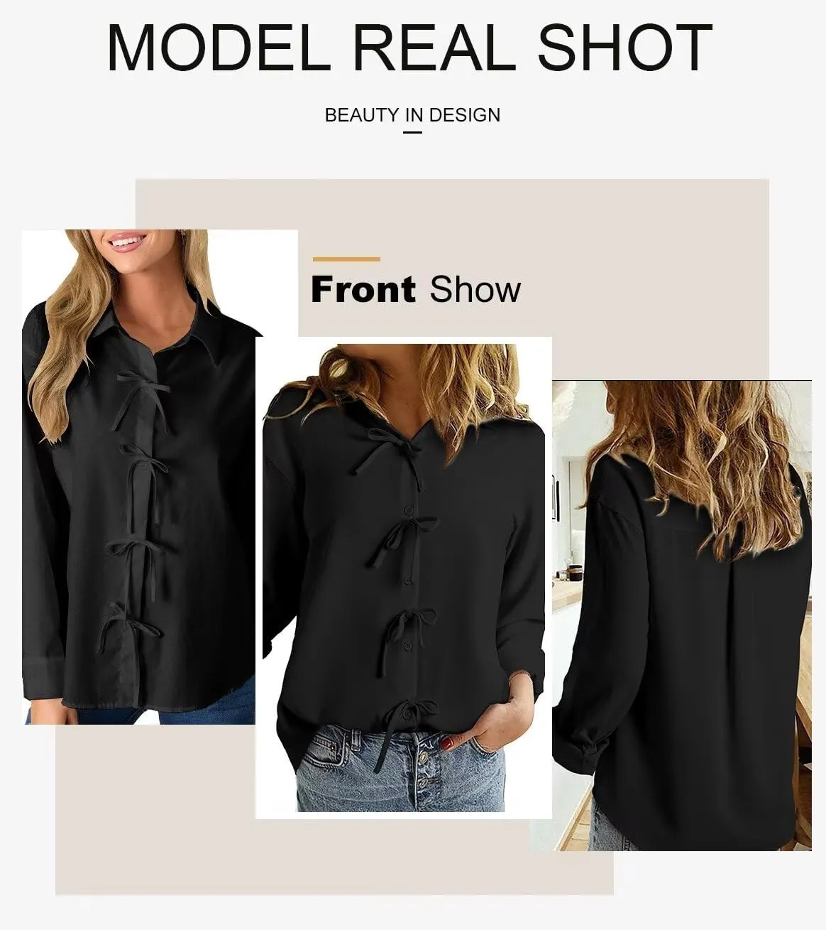 Astylish Womens V Neck Long Sleeve Blouse Button Down Solid Color Shirts Bow Tie Front Trendy Top