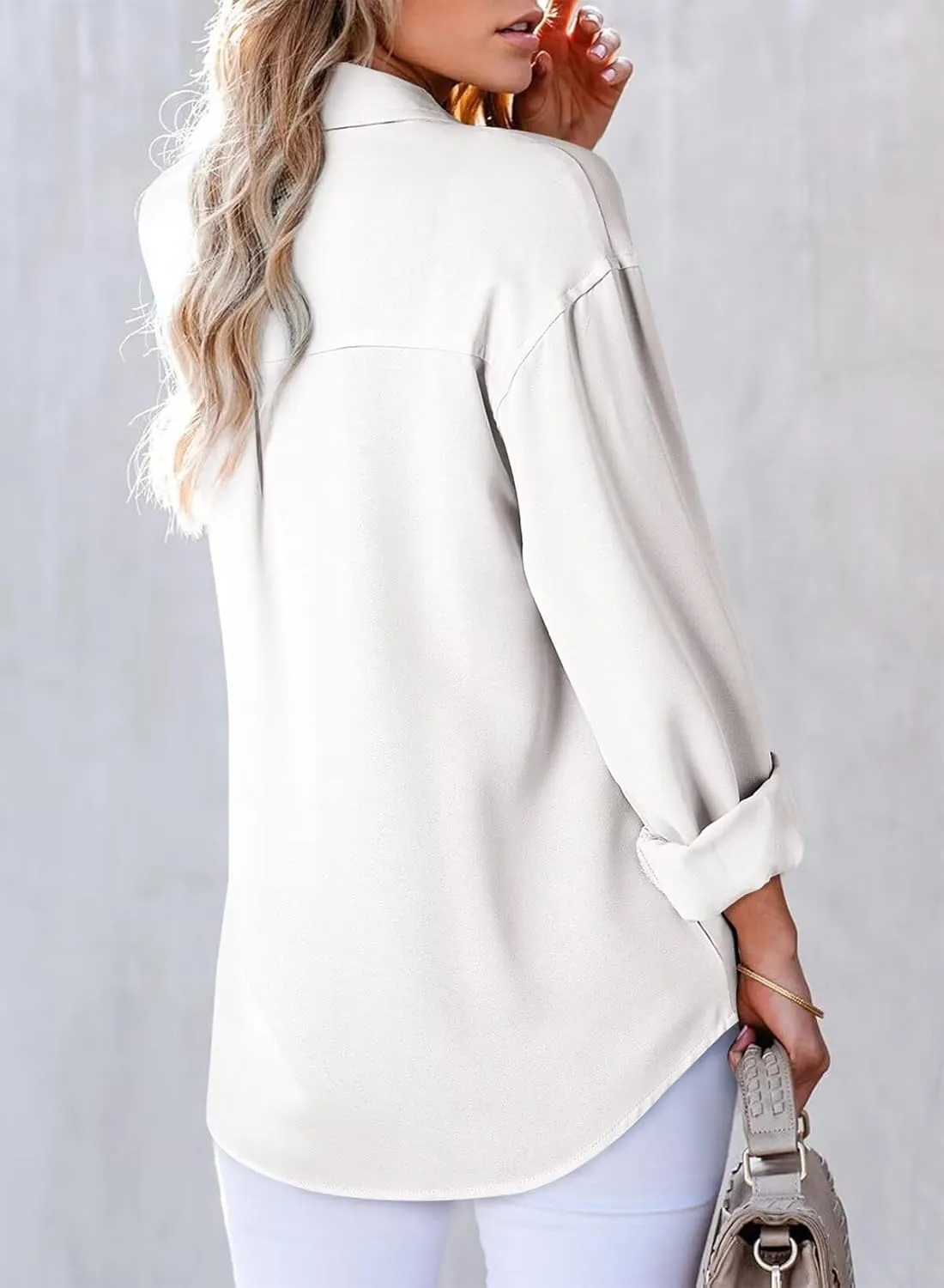 Astylish Womens V Neck Long Sleeve Blouse Button Down Solid Color Shirts Bow Tie Front Trendy Top