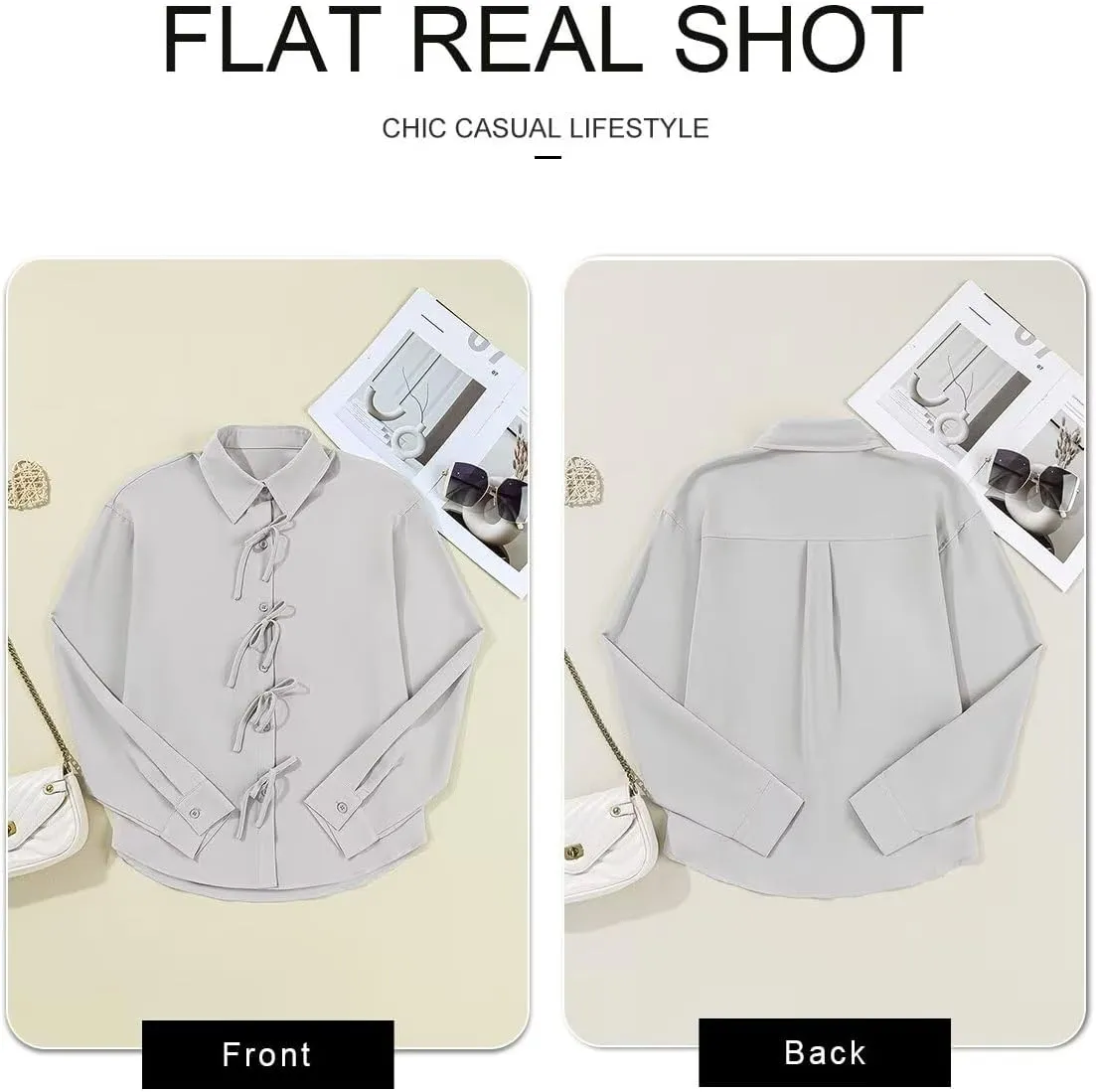 Astylish Womens V Neck Long Sleeve Blouse Button Down Solid Color Shirts Bow Tie Front Trendy Top