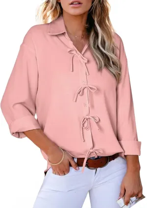 Astylish Womens V Neck Long Sleeve Blouse Button Down Solid Color Shirts Bow Tie Front Trendy Top