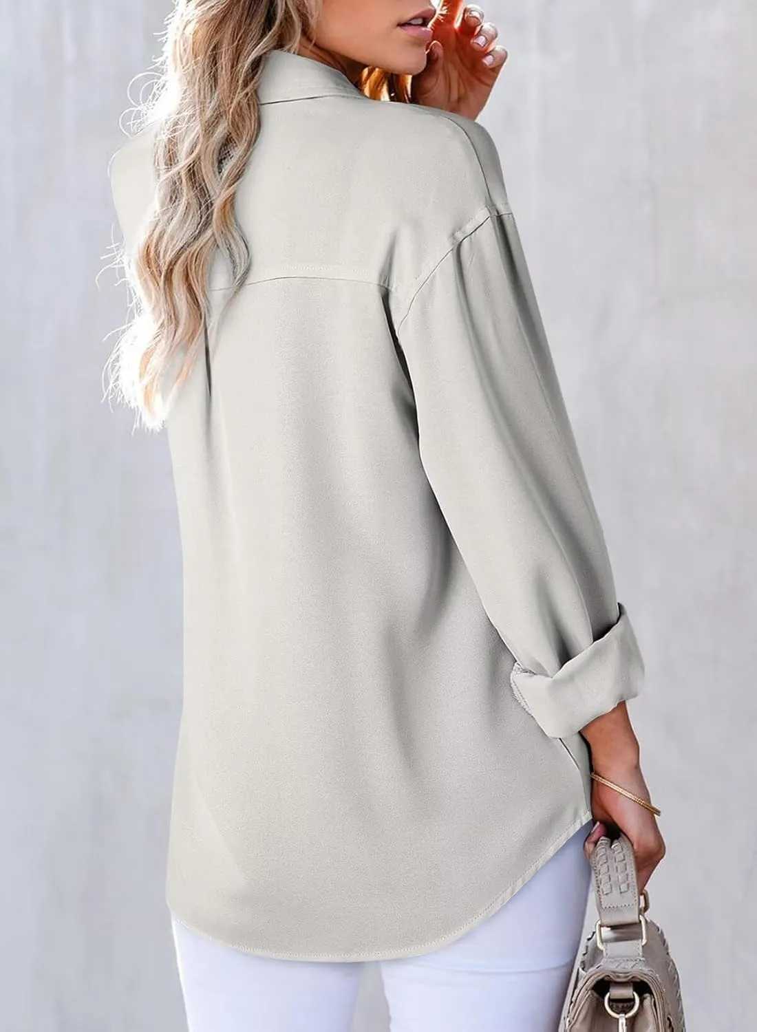Astylish Womens V Neck Long Sleeve Blouse Button Down Solid Color Shirts Bow Tie Front Trendy Top