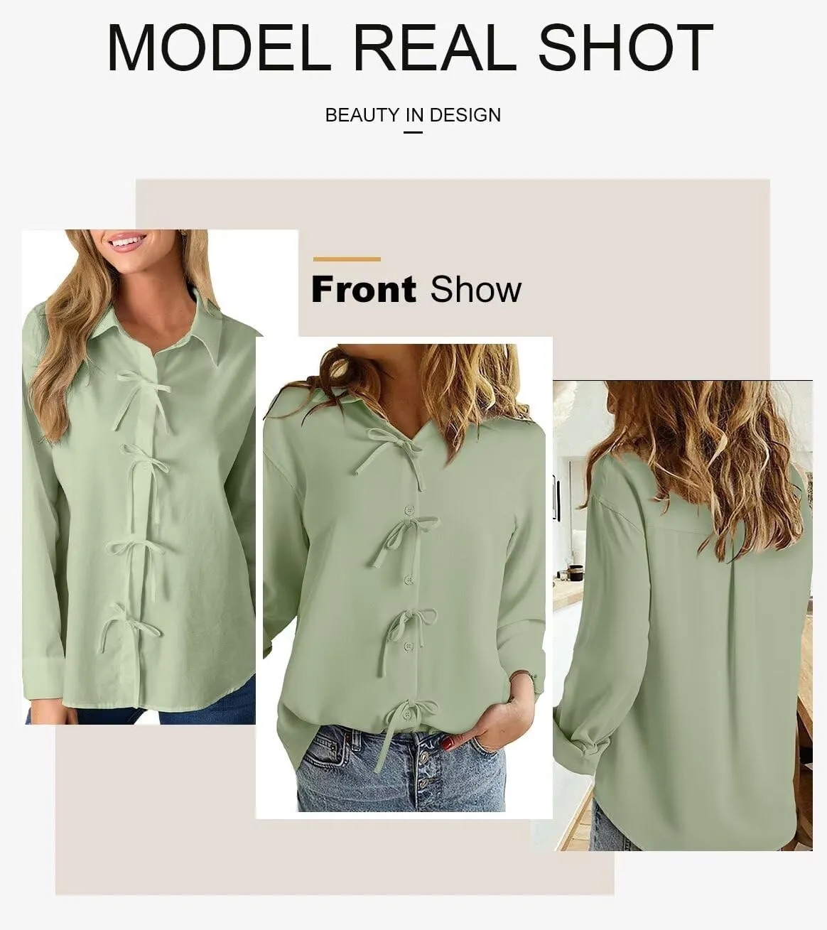 Astylish Womens V Neck Long Sleeve Blouse Button Down Solid Color Shirts Bow Tie Front Trendy Top