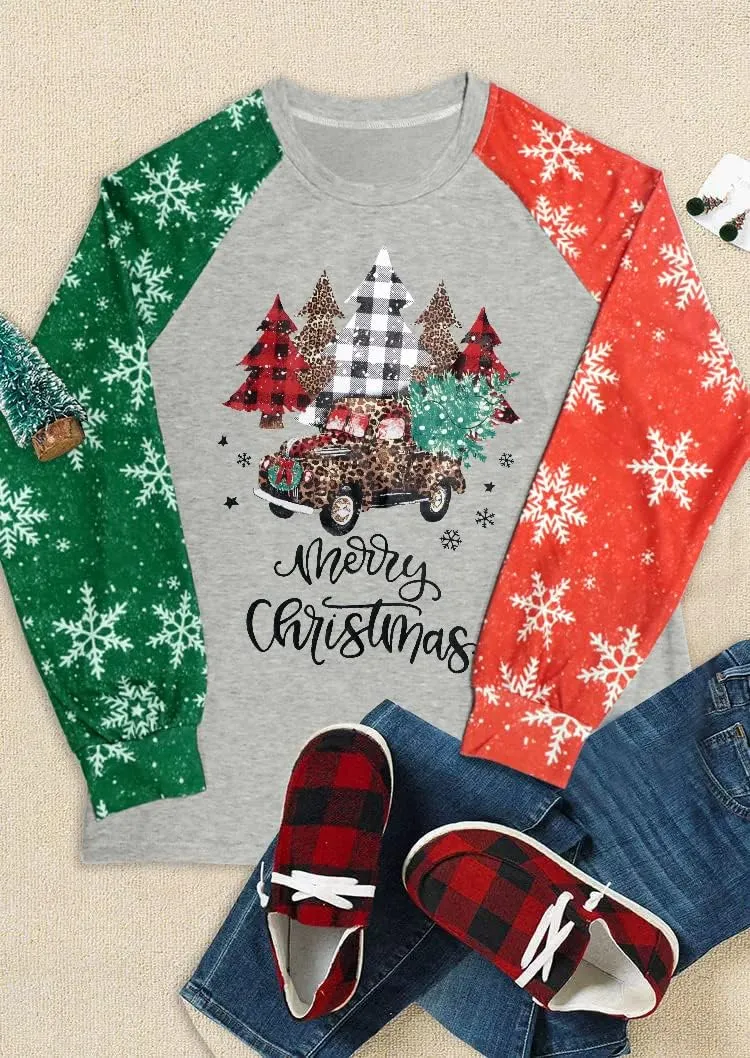 Binshre Merry Christmas Shirts for Women Christmas Tree Sweatshirts Funny Plaid Holiday T Shirt Snowflake Long Sleeve Tops