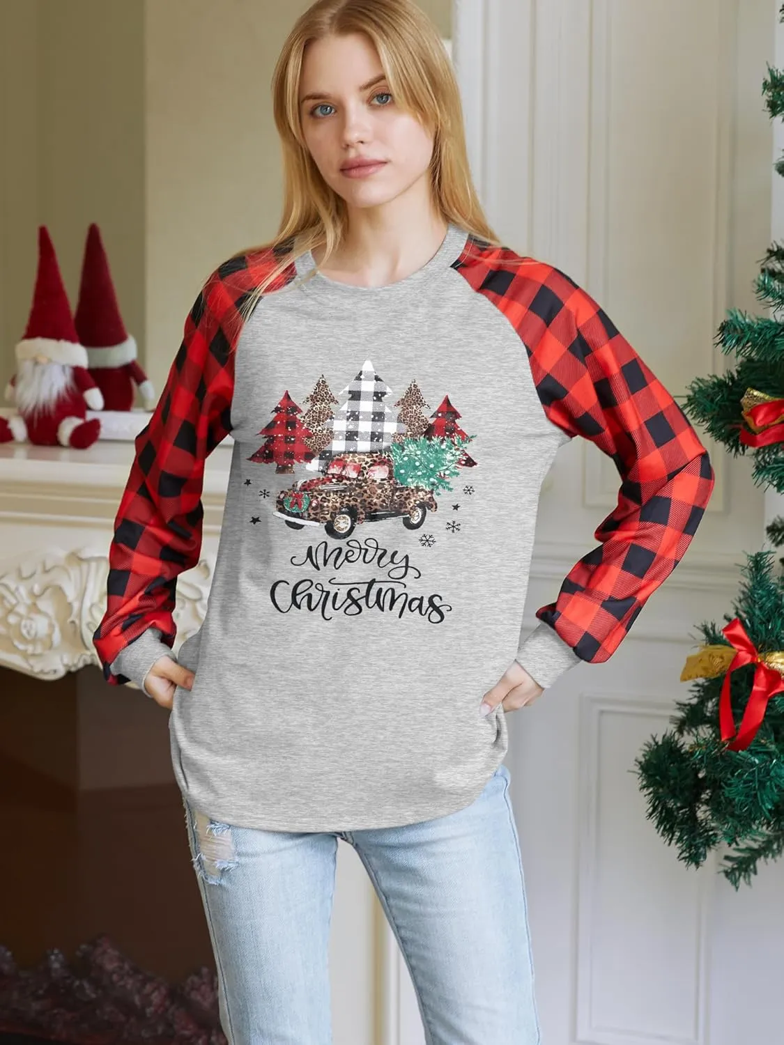 Binshre Merry Christmas Shirts for Women Christmas Tree Sweatshirts Funny Plaid Holiday T Shirt Snowflake Long Sleeve Tops