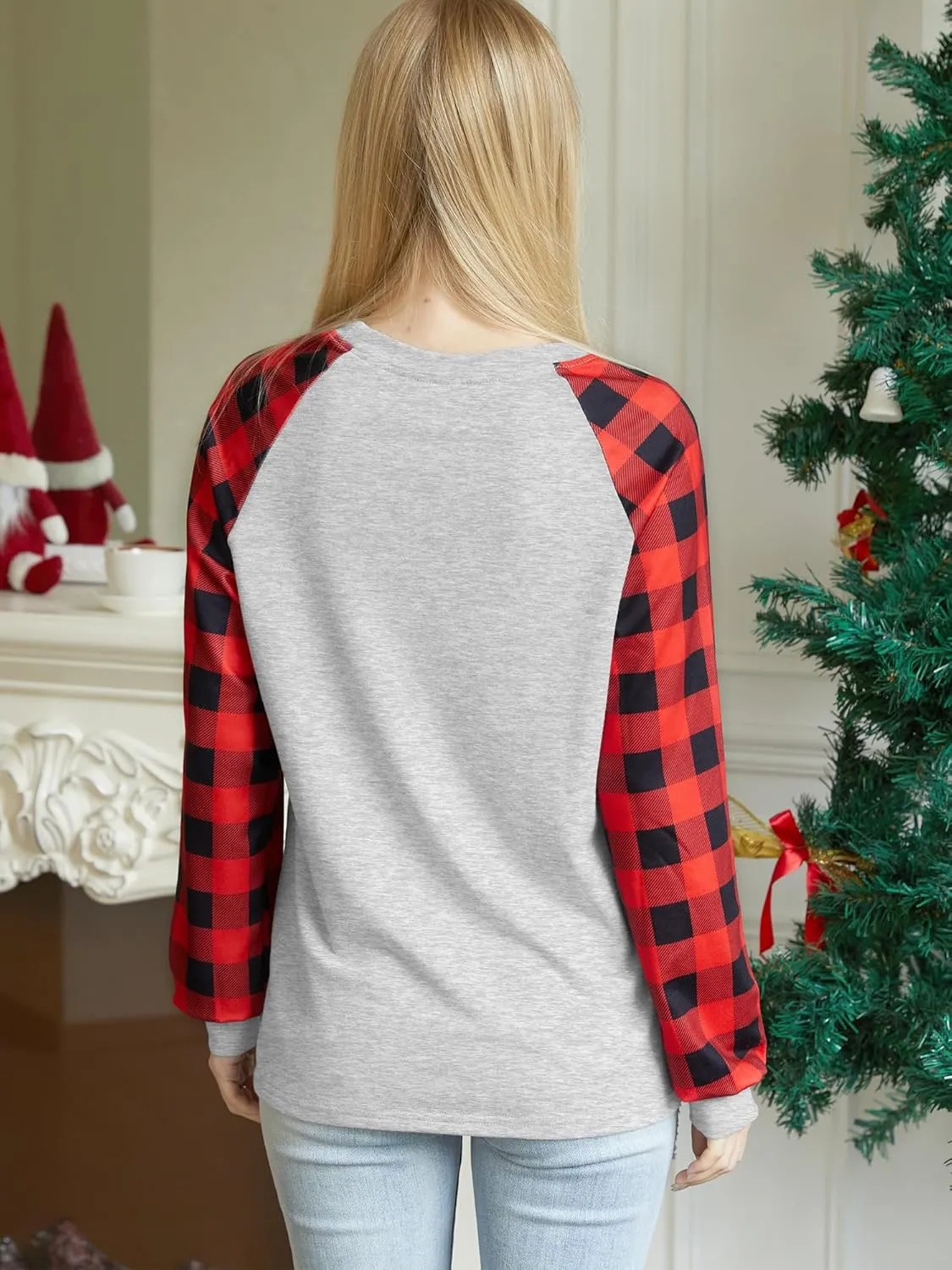 Binshre Merry Christmas Shirts for Women Christmas Tree Sweatshirts Funny Plaid Holiday T Shirt Snowflake Long Sleeve Tops