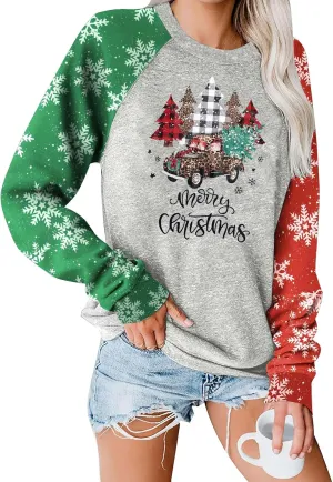 Binshre Merry Christmas Shirts for Women Christmas Tree Sweatshirts Funny Plaid Holiday T Shirt Snowflake Long Sleeve Tops