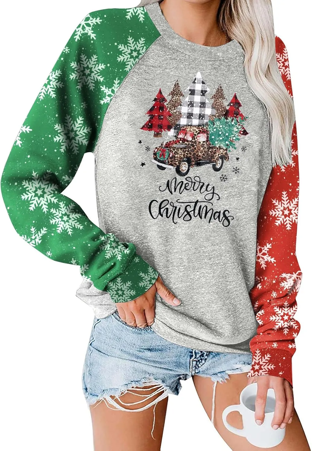 Binshre Merry Christmas Shirts for Women Christmas Tree Sweatshirts Funny Plaid Holiday T Shirt Snowflake Long Sleeve Tops