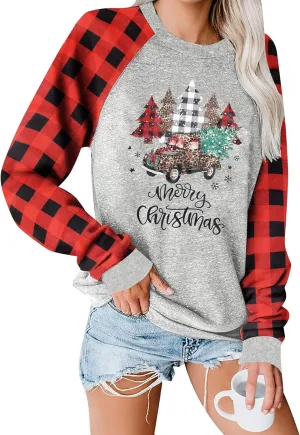 Binshre Merry Christmas Shirts for Women Christmas Tree Sweatshirts Funny Plaid Holiday T Shirt Snowflake Long Sleeve Tops