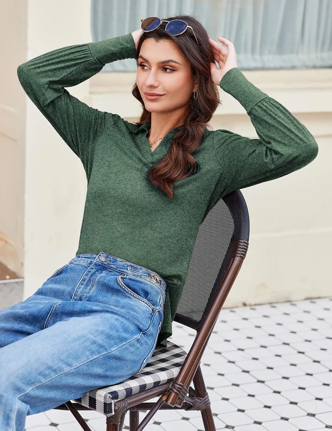 Blouses for Women Dressy Collared V Neck Puff Long Sleeve Tops Tunic Loose Business Casual Tops Polo Shirts