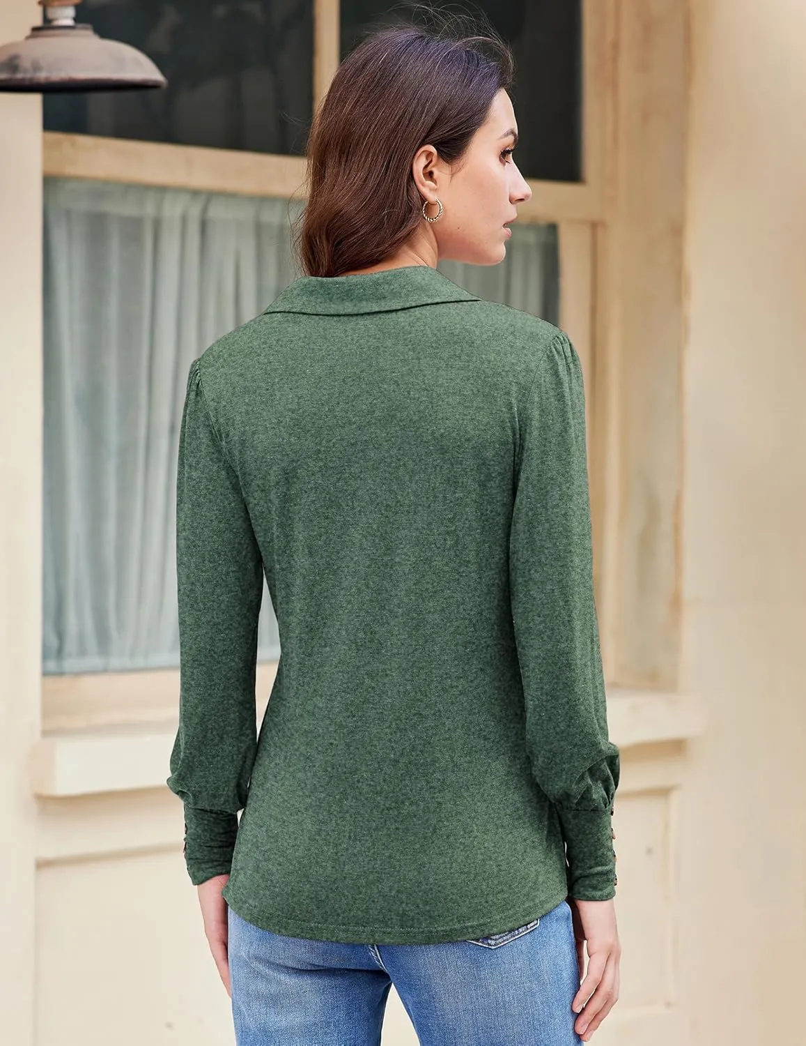 Blouses for Women Dressy Collared V Neck Puff Long Sleeve Tops Tunic Loose Business Casual Tops Polo Shirts