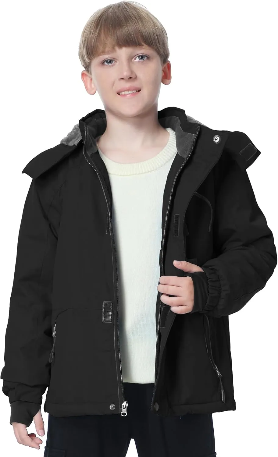 Boy's Waterproof Ski Jacket Warm Fleece Winter Snow Coat Windproof Snowboarding Jacket with Detachable Hood