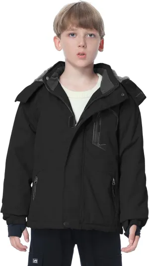 Boy's Waterproof Ski Jacket Warm Fleece Winter Snow Coat Windproof Snowboarding Jacket with Detachable Hood