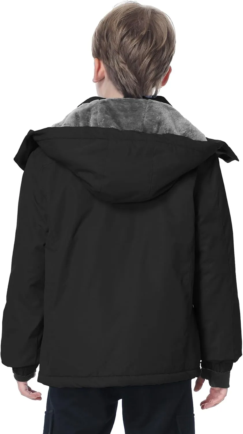 Boy's Waterproof Ski Jacket Warm Fleece Winter Snow Coat Windproof Snowboarding Jacket with Detachable Hood