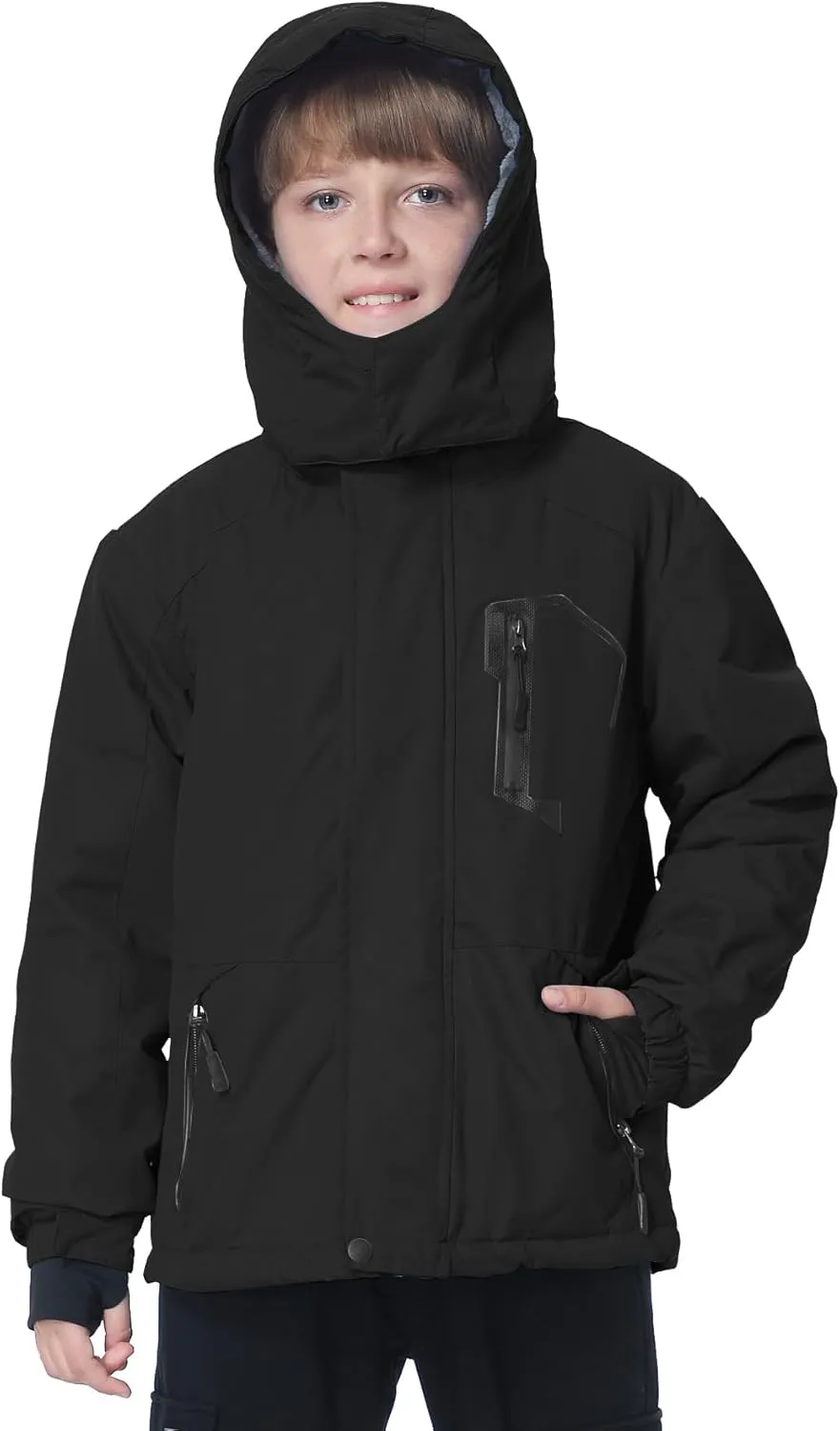 Boy's Waterproof Ski Jacket Warm Fleece Winter Snow Coat Windproof Snowboarding Jacket with Detachable Hood