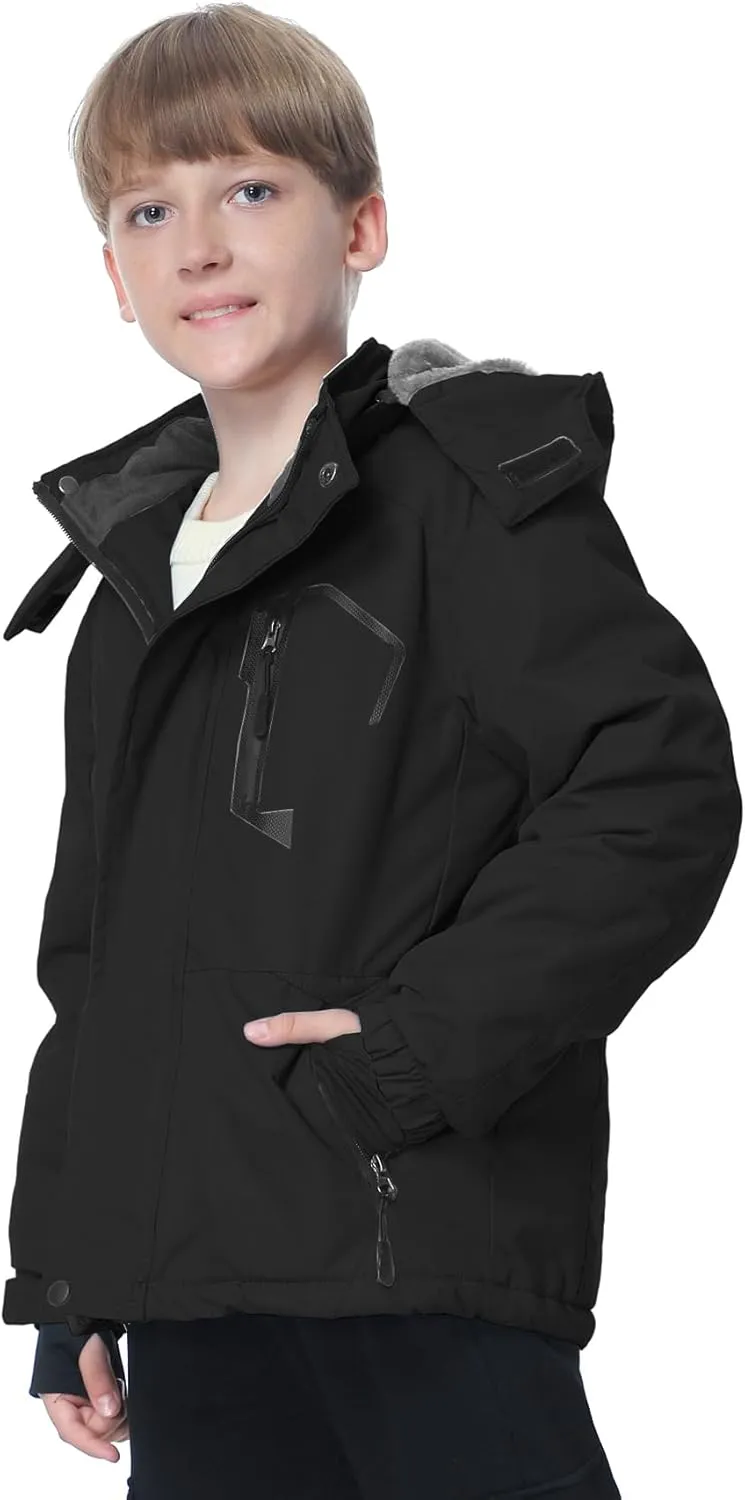 Boy's Waterproof Ski Jacket Warm Fleece Winter Snow Coat Windproof Snowboarding Jacket with Detachable Hood