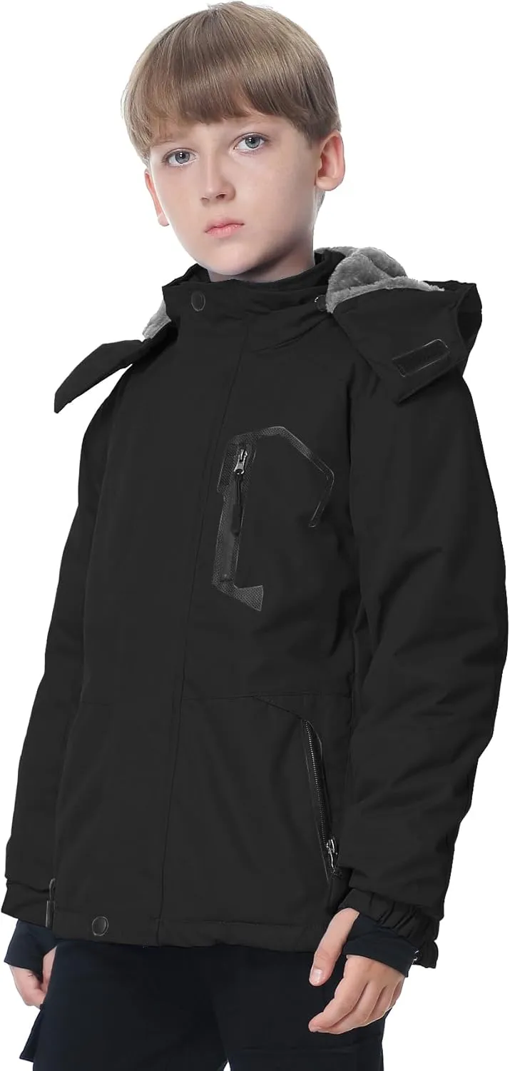 Boy's Waterproof Ski Jacket Warm Fleece Winter Snow Coat Windproof Snowboarding Jacket with Detachable Hood