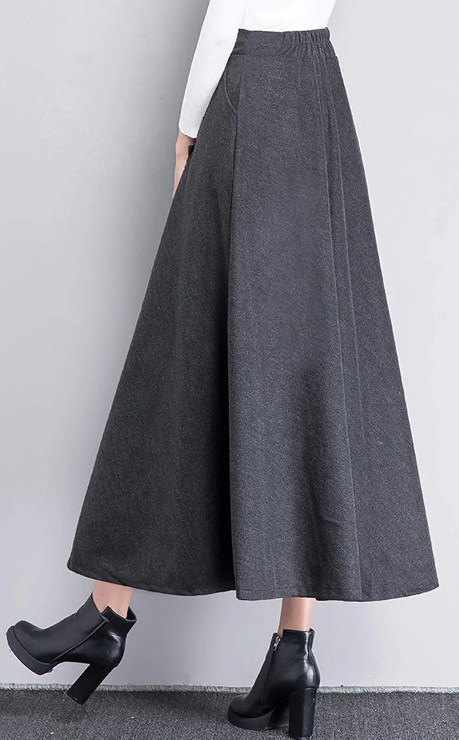 chouyatou Women's Fall Winter A-Line Swing Pleated Long Maxi Wool Skater Skirt
