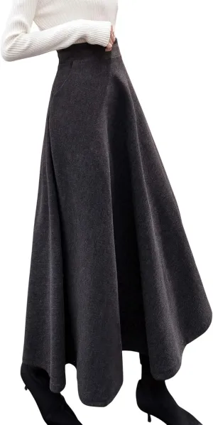 chouyatou Women's Fall Winter A-Line Swing Pleated Long Maxi Wool Skater Skirt