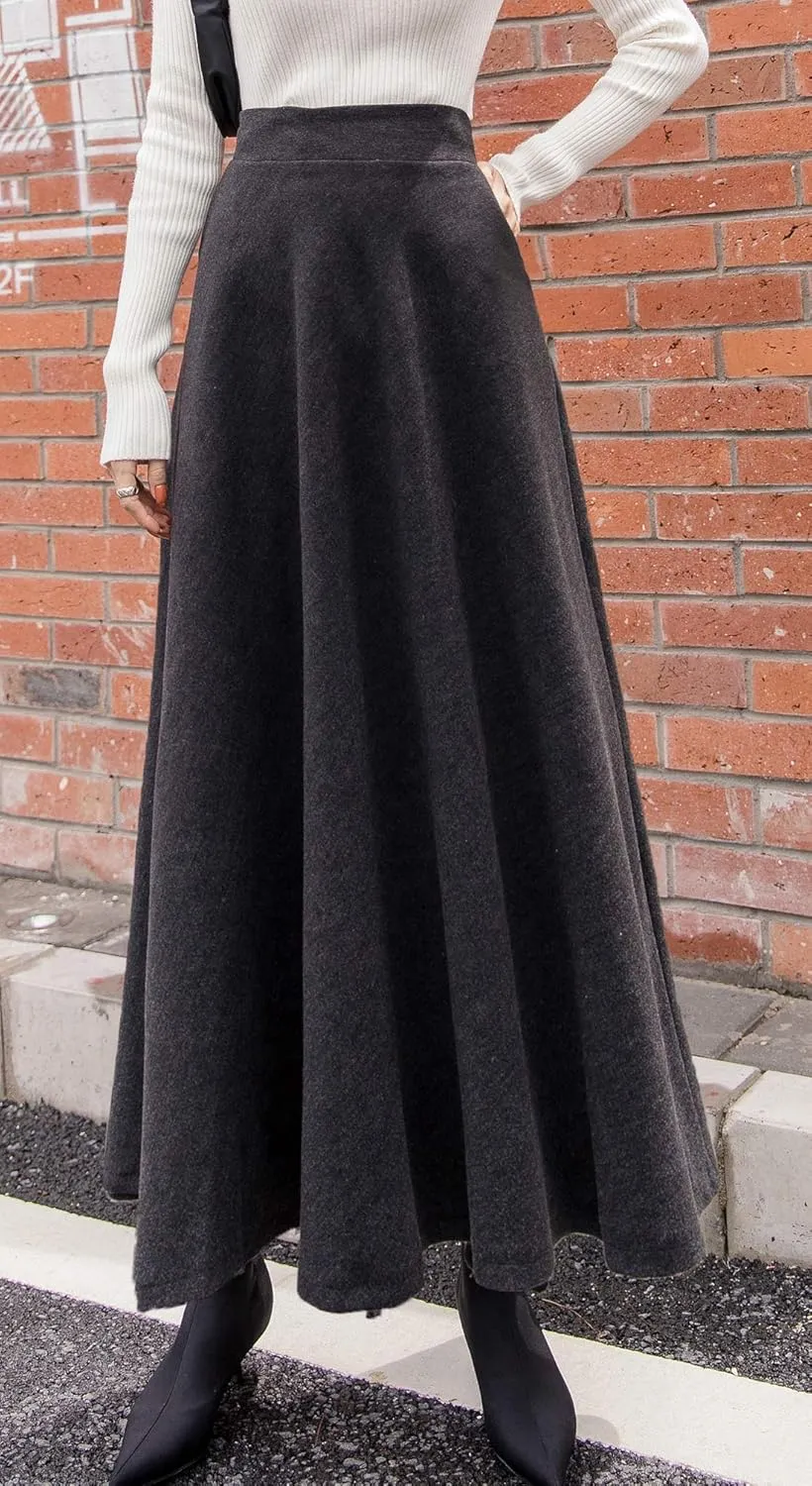 chouyatou Women's Fall Winter A-Line Swing Pleated Long Maxi Wool Skater Skirt