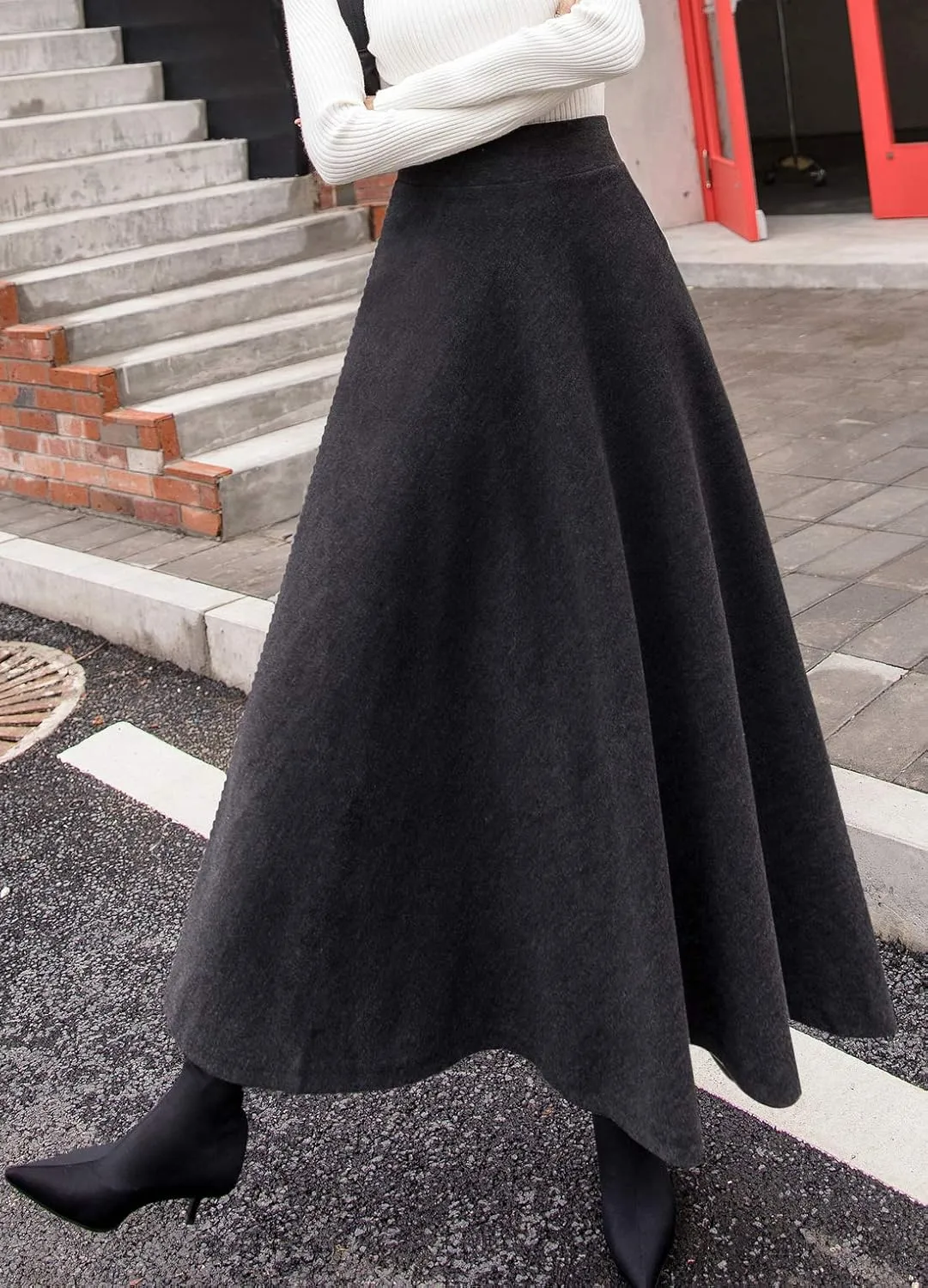 chouyatou Women's Fall Winter A-Line Swing Pleated Long Maxi Wool Skater Skirt