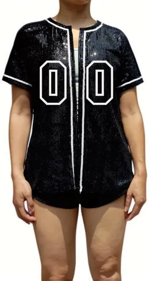 Custom Name Number Women's Bling Sequin Baseball Cardigan Jersey Top
