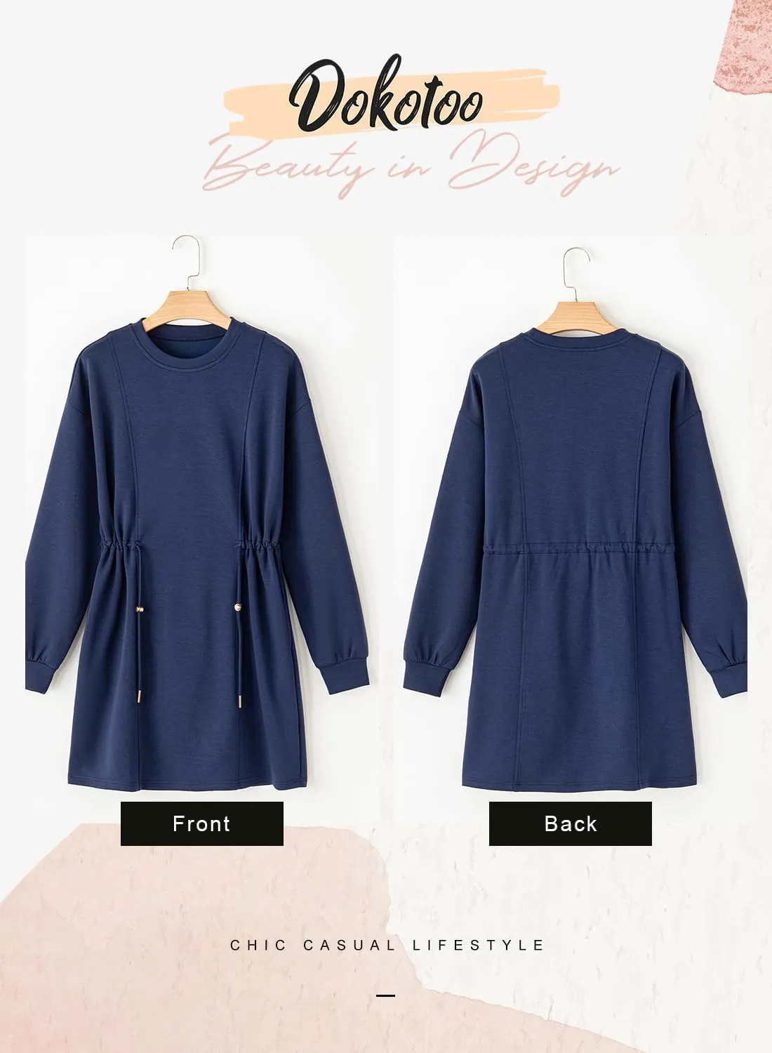 Dokotoo Women's Drawstrings Waistband Long Sleeves Crew Neck Sweatshirt Casual Mini Dress