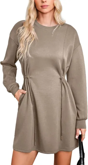 Dokotoo Women's Drawstrings Waistband Long Sleeves Crew Neck Sweatshirt Casual Mini Dress