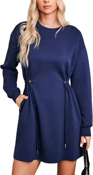 Dokotoo Women's Drawstrings Waistband Long Sleeves Crew Neck Sweatshirt Casual Mini Dress