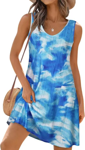 elescat Sundresses for Women Summer Beach V Neck Sleeveless Dress Swimsuit Coverup with Pockets