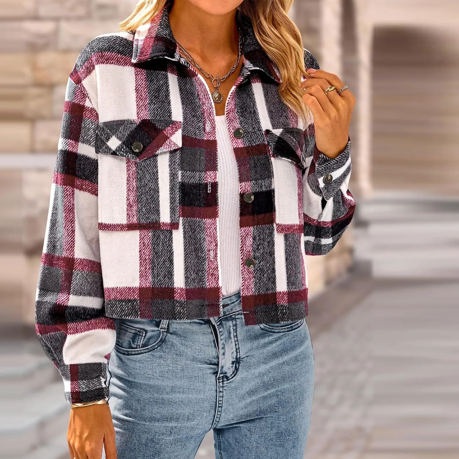 Flannels for Women Cropped Shacket Jacket Fashion Plaid Lapel Collars Button Down Shirt 2024 Fall Coat Tops