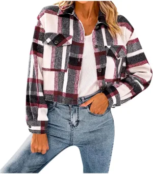 Flannels for Women Cropped Shacket Jacket Fashion Plaid Lapel Collars Button Down Shirt 2024 Fall Coat Tops