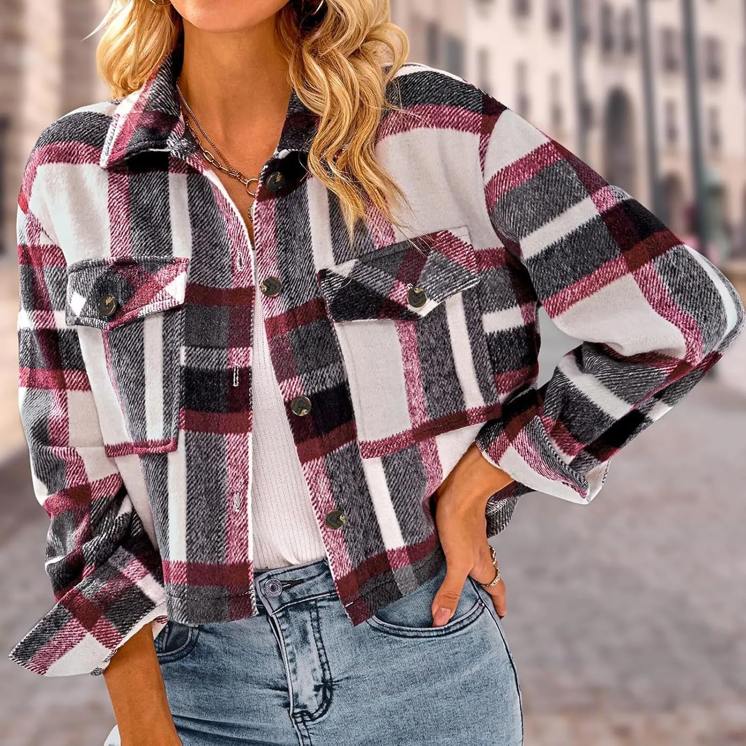 Flannels for Women Cropped Shacket Jacket Fashion Plaid Lapel Collars Button Down Shirt 2024 Fall Coat Tops