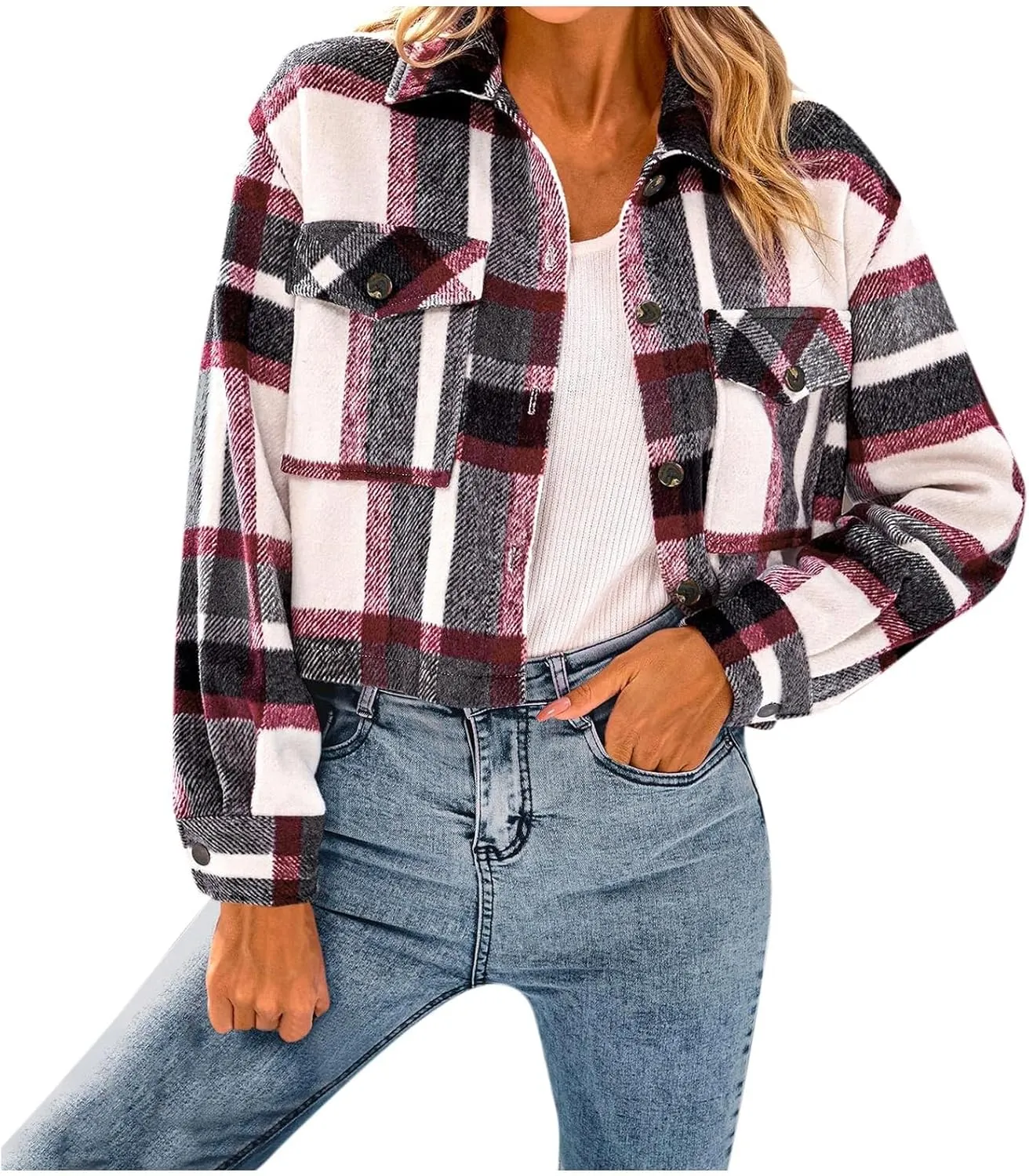 Flannels for Women Cropped Shacket Jacket Fashion Plaid Lapel Collars Button Down Shirt 2024 Fall Coat Tops