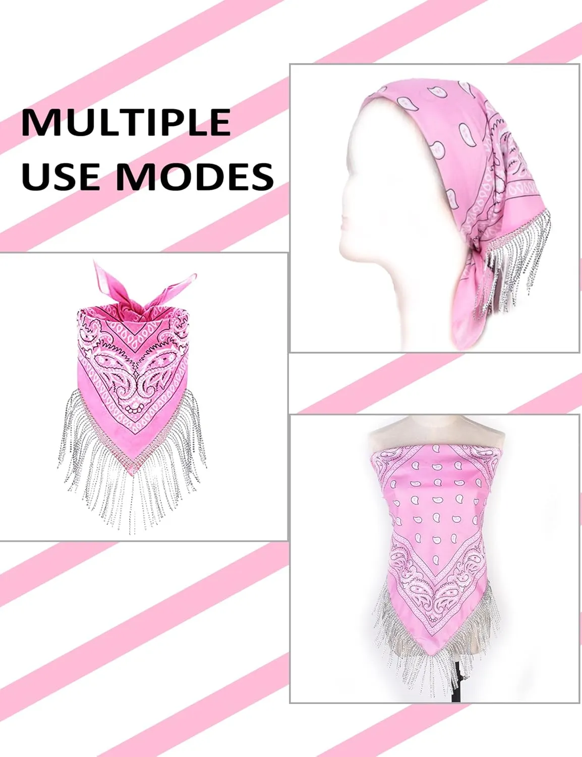Fringe Rhinestone Bandana with Heart Sunglasses, Disco Cowgirl Boy Paisley Pattern Face Mask Square Scarf Headwear