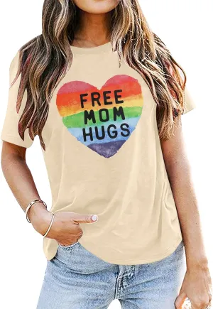 Gay Pride Shirt Women Free Mom Hugs T-Shirt Rainbow Heart Shirt LGBTQ Pride Shirt Rainbow Flag Tee Proud Ally Shirts